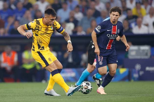 MUNCHEN, 31-05-2025, Allianz Arena, UEFA Champions League season 2024 2025, Match between Paris Saint Germain and Inter Milan. Inter Milan player Lautaro Martinez and Paris Saint-Germain player Joao Neves PSG - Inter Milan (CL Final)  x29555269x Copyright: