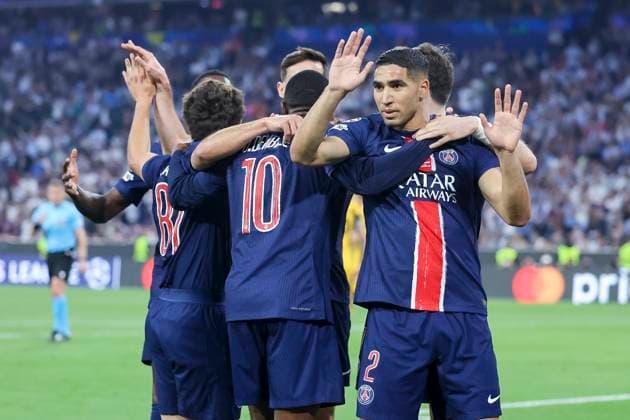 Achraf Hakimi Paris Saint Germain celebrates his goal with teammates, UEFA Champions League Final 2025, Paris Saint Germain and FC Internazionale Milano, Allianz Arena on 31 May 2025 in Munich, Germany Photo by Marco Steinbrenner DeFodi Images Achraf Hakimi Paris Saint Germain celebrates his goal with teammates, UEFA Champions League Final 2025, Paris Saint Germain and FC Internazionale Milano, Munich Football Arena, May 31, 2025 in Munich, Germany Photo by Marco Steinbrenner DeFodi Images