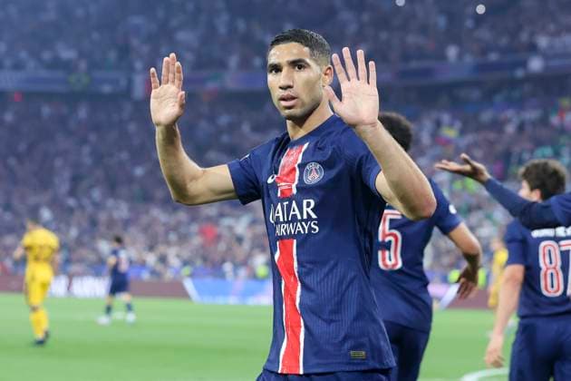 Achraf Hakimi Paris Saint Germain celebrates scoring his teams first goal, UEFA Champions League Final 2025, Paris Saint Germain and FC Internazionale Milano, Allianz Arena on May 31, 2025 in Munich, Germany Photo by Marco Steinbrenner DeFodi Images Achraf Hakimi Paris Saint Germain celebrates after scoring his teams first goal, UEFA Champions League Final 2025, Paris Saint Germain and FC Internazionale Milano, Munich Football Arena, May 31, 2025 in Munich, Germany Photo by Marco Steinbrenner DeFodi Images