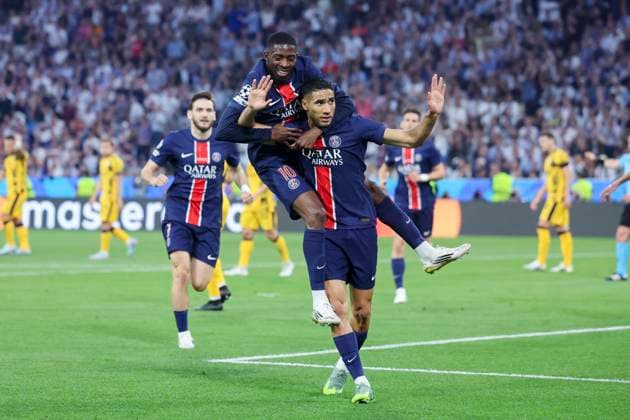 Achraf Hakimi Paris Saint Germain celebrates after scoring his teams first goal with Ousmane Dembele Paris Saint Germain , UEFA Champions League Final 2025, Paris Saint Germain and FC Internazionale Milano, Allianz Arena on 31 May 2025 in Munich, Germany Photo by Marco Steinbrenner DeFodi Images Achraf Hakimi Paris Saint Germain celebrates after scoring his teams first goal with Ousmane Dembele Paris Saint Germain , UEFA Champions League Final 2025, Paris Saint Germain and FC Internazionale Milano, Munich Football Arena, May 31, 2025 in Munich, Germany Photo by Marco Steinbrenner DeFodi Images