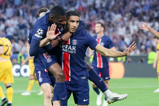 Achraf Hakimi Paris Saint Germain celebrates after scoring his teams first goal with Ousmane Dembele Paris Saint Germain , UEFA Champions League Final 2025, Paris Saint Germain and FC Internazionale Milano, Allianz Arena on 31 May 2025 in Munich, Germany Photo by Marco Steinbrenner DeFodi Images Achraf Hakimi Paris Saint Germain celebrates after scoring his teams first goal with Ousmane Dembele Paris Saint Germain , UEFA Champions League Final 2025, Paris Saint Germain and FC Internazionale Milano, Munich Football Arena, May 31, 2025 in Munich, Germany Photo by Marco Steinbrenner DeFodi Images