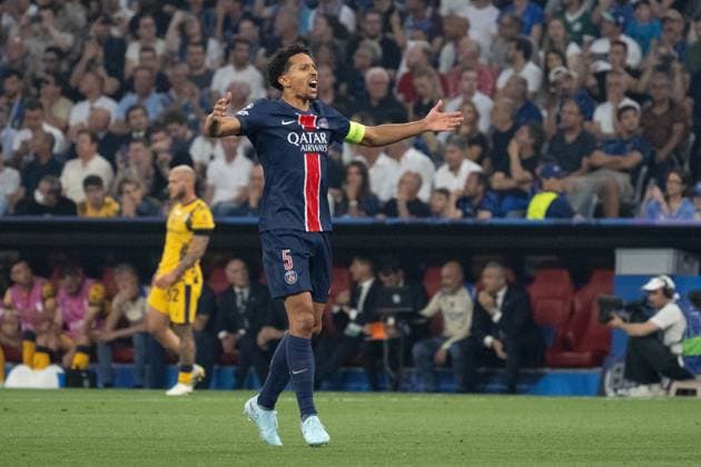 Goal to make it 1 0 by Achraf Hakimi Paris Saint Germain, 02 , Cheers Goal celebration Marquinhos Paris Saint Germain, 05 GER, Paris Saint Germain vs Inter Milan, Football, Men, UEFA Champions League Final Muenchen 2025, Season 2024 2025, 31 05 2025, GER, Paris Saint Germain vs Inter Milan, Football, Men, UEFA Champions League Final Muenchen 2025, Season 2024 2025, 31 05 2025 Muenchen Copyright: xEibner-Pressefoto WolfgangxFrankx EP_WFK