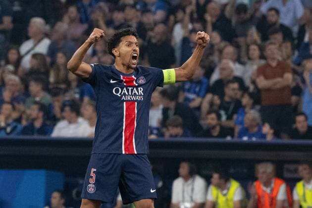 Goal to make it 1 0 by Achraf Hakimi Paris Saint Germain, 02 , Cheers Goal celebration Marquinhos Paris Saint Germain, 05 GER, Paris Saint Germain vs Inter Milan, Football, Men, UEFA Champions League Final Muenchen 2025, Season 2024 2025, 31 05 2025, GER, Paris Saint Germain vs Inter Milan, Football, Men, UEFA Champions League Final Muenchen 2025, Season 2024 2025, 31 05 2025 Muenchen Copyright: xEibner-Pressefoto WolfgangxFrankx EP_WFK