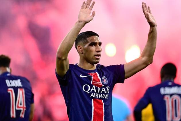 FOOTBALL : PSG vs Inter - Finale Ligue des Champions - 31 05 2025 Achraf Hakimi ( 2 - PSG ) celebrates after scoring during the UEFA Champions League Final match between Paris Saint Germain and FC Internazionale Milano at Munich Football Arena on May 31 , 2025 in Munich, Germany. ( Photo by Dante Badano PsnewZ ) - MunichGermany  Copyright: xx