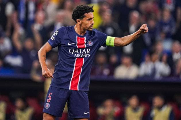 2025-05-31 Paris Saint-Germain v FC Internazionale Milano - UEFA Champions League Final 2025 MUNICH, GERMANY - MAY 31: Marquinhos of Paris Saint-Germain celebrates the first goal during the UEFA Champions League Final 2025 match between Paris Saint-Germain and FC Internazionale Milano at Munich Football Arena on May 31, 2025 in Munich, Germany. Munich Munich Football Arena Germany Content not available for redistribution in The Netherlands directly or indirectly through any third parties. Copyright: xJorisxVerwijstx