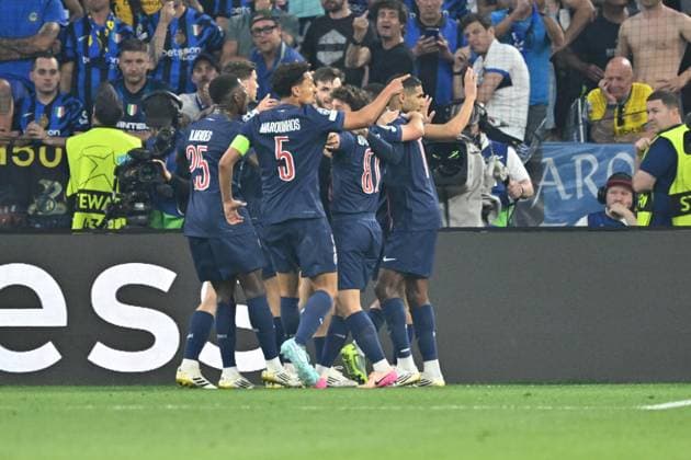 UEFA Champions League final match: Paris Saint-Germain v Inter Milan MUNICH, GERMANY - MAY 31: Achraf Hakimi of Paris Saint-Germain celebrates with his teammates after scoring a goal during the UEFA Champions League final match between Paris Saint-Germain (PSG) and Inter Milan at Munich Football Arena in Munich, Germany on May 31, 2025. Mustafa Yalcin Anadolu Munich Germany. Editorial use only. Please get in touch for any other usage.  Copyright: x2025xAnadoluxMustafaxYalcinx