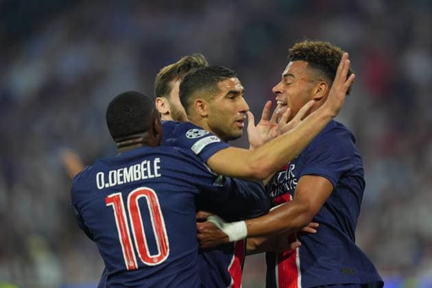 PSG™s Achraf Hakimi celebrates after scoring 1-0 during the Uefa Champions League Final soccer match between Paris Saint Germain and FC Inter at Allianz Arena in Munich , Germany - Saturday May 31, 2025 . - Soccer  Copyright: xSpada LaPressex