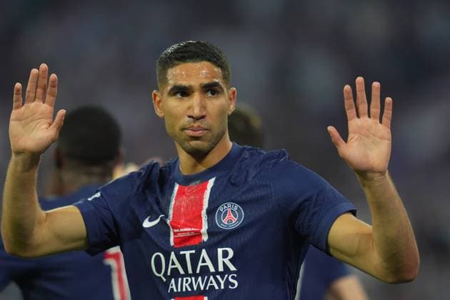 PSG™s Achraf Hakimi celebrates after scoring 1-0 during the Uefa Champions League Final soccer match between Paris Saint Germain and FC Inter at Allianz Arena in Munich , Germany - Saturday May 31, 2025 . - Soccer  Copyright: xSpada LaPressex