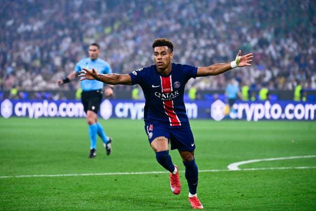 Sport Bilder des Tages FOOTBALL : PSG vs Inter - Finale Ligue des Champions - 31 05 2025 Desire Doue ( 14 - PSG ) celebrates after scoring during the UEFA Champions League Final match between Paris Saint Germain and FC Internazionale Milano at Munich Football Arena on May 31 , 2025 in Munich, Germany. ( Photo by Dante Badano PsnewZ ) - MunichGermany  Copyright: xx