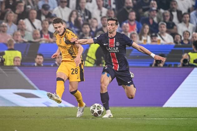 Benjamin Pavard FC Internazionale Milano and Fabian Ruiz Paris Saint Germain battle for the ball during the UEFA Champions League Final 2025 between Paris Saint Germain and FC Internazionale Milano at Munich Football Arena on May 31, 2025 in Munich, Germany Photo by Harry Langer DeFodi Images