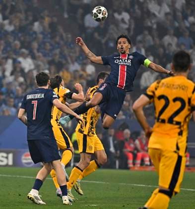 31 05 2025, Football UEFA Champions League Final 2025 Paris St Germain Inter Milan, at Allianz Arena Munich Marquinhos FC Paris Saint Germain heads the ball DFL and DFB regulations prohibit any use of photographs as image sequences and or quasi video