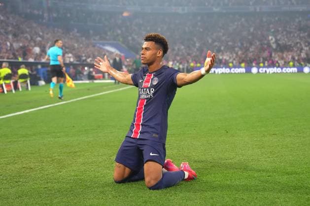 PSG s Desire Doue celebrates after scoring 2-0 during the Uefa Champions League Final soccer match between Paris Saint Germain and FC Inter at Allianz Arena in Munich , Germany - Saturday May 31, 2025 . - Soccer  Copyright: xSpada LaPressex