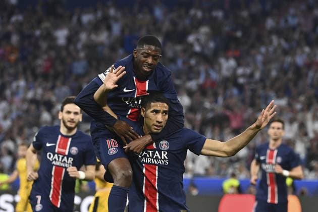 Paris Saint-Germain v Inter Milan UEFA Champions League final match MUNICH, GERMANY, MAY 31: Achraf Hakimi (R), of Paris Saint-Germain, celebrates with his teammate Ousmane Dembele (L) after scoring during the UEFA Champions League football final match between Paris Saint-Germain and Inter Milan at the Munich Football Arena in Munich, Germany, on May 31, 2025. Isabella Bonotto Anadolu Munich Germany. Editorial use only. Please get in touch for any other usage.  Copyright: x2025xAnadoluxIsabellaxBonottox