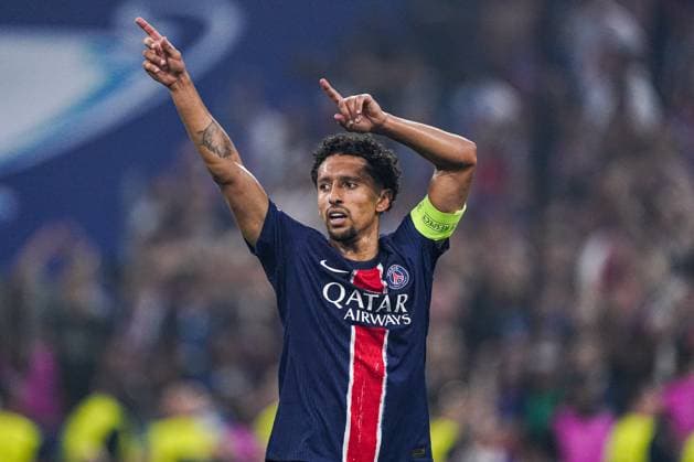 2025-05-31 Paris Saint-Germain v FC Internazionale Milano - UEFA Champions League Final 2025 MUNICH, GERMANY - MAY 31: Marquinhos of Paris Saint-Germain pointing during the UEFA Champions League Final 2025 match between Paris Saint-Germain and FC Internazionale Milano at Munich Football Arena on May 31, 2025 in Munich, Germany. Munich Munich Football Arena Germany Content not available for redistribution in The Netherlands directly or indirectly through any third parties. Copyright: xJorisxVerwijstx