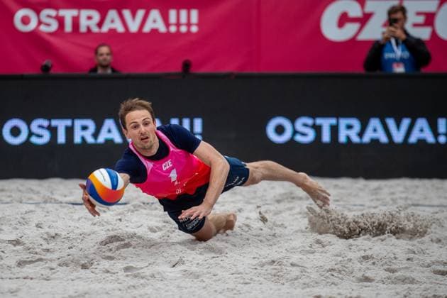 Pro Tour Beach volleyball, Beachvolleyball tournament, category Elite, took place in Ostrava, Czech Republic, on May 31, 2025. Ondrej Perusic (pictured), David Schweiner of Czech Republic vs. Cherif Younousse, Ahmed Tijan of Quatar. (CTKxPhoto VladimirxPrycek) CTKPhotoP2025053104578  CTKPhotoP2025053104578