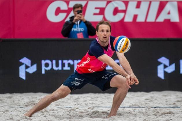 Pro Tour Beach volleyball, Beachvolleyball tournament, category Elite, took place in Ostrava, Czech Republic, on May 31, 2025. Ondrej Perusic (pictured), David Schweiner of Czech Republic vs. Cherif Younousse, Ahmed Tijan of Quatar. (CTKxPhoto VladimirxPrycek) CTKPhotoP2025053104579  CTKPhotoP2025053104579