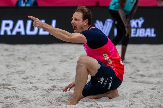 Pro Tour Beach volleyball, Beachvolleyball tournament, category Elite, took place in Ostrava, Czech Republic, on May 31, 2025. Ondrej Perusic (pictured), David Schweiner of Czech Republic vs. Cherif Younousse, Ahmed Tijan of Quatar. (CTKxPhoto VladimirxPrycek) CTKPhotoP2025053104584  CTKPhotoP2025053104584