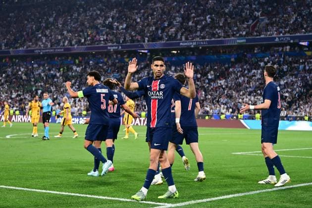 FOOTBALL : PSG vs Inter - Finale Ligue des Champions - 31 05 2025 Achraf Hakimi ( 2 - PSG ) celebrates after scoring during the UEFA Champions League Final match between Paris Saint Germain and FC Internazionale Milano at Munich Football Arena on May 31 , 2025 in Munich, Germany. ( Photo by Dante Badano PsnewZ ) - MunichGermany  Copyright: xx