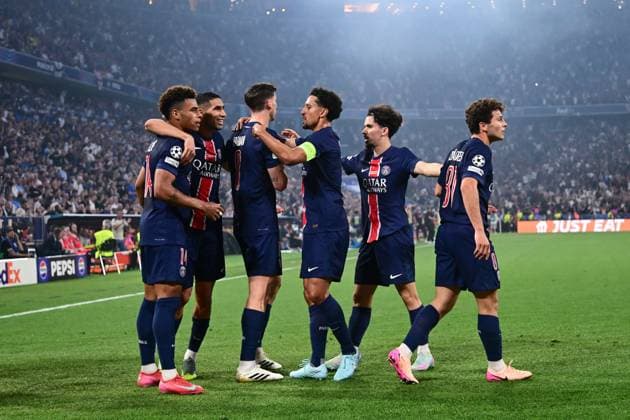 FOOTBALL : PSG vs Inter - Finale Ligue des Champions - 31 05 2025 Desire Doue ( 14 - PSG ) celebrates with teammates during the UEFA Champions League Final match between Paris Saint Germain and FC Internazionale Milano at Munich Football Arena on May 31 , 2025 in Munich, Germany. ( Photo by Dante Badano PsnewZ ) - MunichGermany  Copyright: xx