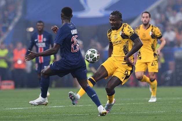 Soccer Champions League Final Paris Saint Germain Inter Milan on 31 05 2025 at the Fußball Arena München in Munich Nuno Mendes Paris , left Marcus Thuram Milan , right xRx