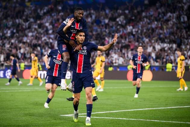 Paris Saint-Germain FC v FC Internazionale - UEFA Champions League Achraf Hakimi of Paris Saint-Germain celebrates with Ousmane Dembele of Paris Saint-Germain after scoring a goal during the UEFA Champions League final football match between Paris Saint-Germain FC and FC Internazionale. Munich Germany Copyright: xNicoloxCampox