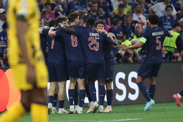 Paris Saint-Germain players celebrate scoring the 1-0 goal during the UEFA Champions League Final 2025 between Paris Saint-Germain and FC Internazionale Milano at the Munich Football Arena on May 31, 2025 in Munich, Germany. UEFA Champions League Final 2025 - Paris Saint-Germain v FC Internazionale Milano