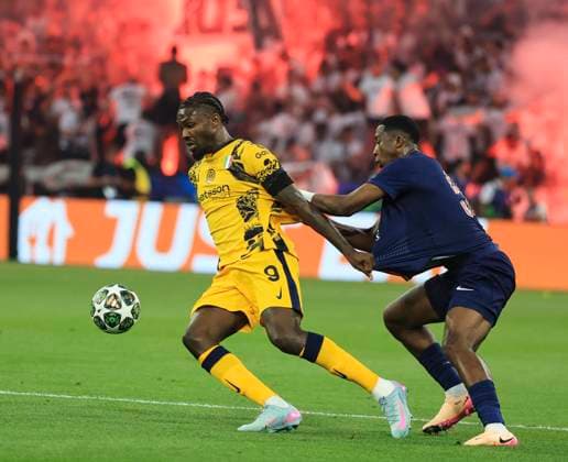 SOCCER - UEFA CL, PSG vs Inter MUNICH,GERMANY,31.MAY.25 - SOCCER - UEFA Champions League, final, Paris Saint-Germain vs FC Internazionale Milano. Image shows Goncalo Ramos (PSG) and Willian Pacho (PSG).  GEPAxpictures xWolfgangxGrebien