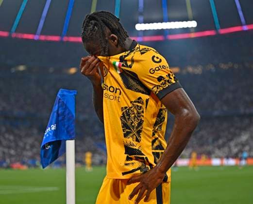 31 05 2025, Football UEFA Champions League Final 2025 Paris St Germain Inter Milan, at Allianz Arena Munich Yann Bisseck Inter Milan is disappointed DFL and DFB regulations prohibit any use of photographs as image sequences and or quasi video
