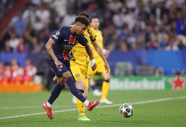 Munich, Germany, 31st May 2025. Desire Doue of Paris St Germain scores their third goal during the Paris Saint Germain vs Internazionale UEFA Champions League Final match at Munich Football Arena, Munich. Picture credit should read: David Klein Sportimage EDITORIAL USE ONLY. No use with unauthorised audio, video, data, fixture lists, club league logos or live services. Online in-match use limited to 120 images, no video emulation. No use in betting, games or single club league player publications. SPI_074_DK_UCL_Final SPI-3964-0074