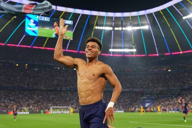 PSG s Desire Doue.celebrates after scoring 0-3 during the Uefa Champions League Final soccer match between Paris Saint Germain and FC Inter at Allianz Arena in Munich , Germany - Saturday May 31, 2025 . - Soccer  Copyright: xSpada LaPressex