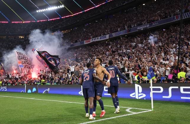 Munich, Germany, 31st May 2025. Desire Doue of Paris St Germain celebrates scoring their third goal during the Paris Saint Germain vs Internazionale UEFA Champions League Final match at Munich Football Arena, Munich. Picture credit should read: David Klein Sportimage EDITORIAL USE ONLY. No use with unauthorised audio, video, data, fixture lists, club league logos or live services. Online in-match use limited to 120 images, no video emulation. No use in betting, games or single club league player publications. SPI_080_DK_UCL_Final SPI-3964-0080