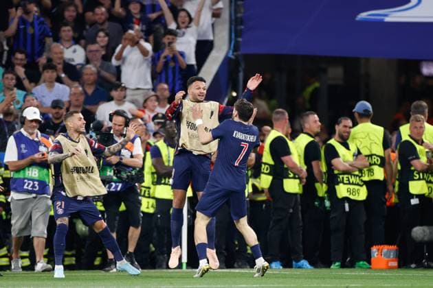 MUNCHEN, 31-05-2025, Allianz Arena, UEFA Champions League season 2024 2025, Match between Paris Saint Germain and Inter Milan. Paris Saint-Germain player Khvicha Kvaratskhelia scores the 4-0 PSG - Inter Milan (CL Final)  x29557438x Copyright: