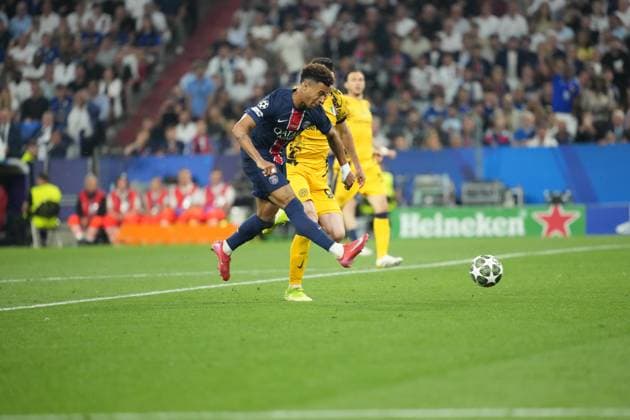 2025 UEFA Champions League Final: Paris Saint-Germain F.C. vs. FC Internazionale Milano Desire Doue of Paris Saint-Germain F.C. scores his second goal of the evening and celebrates during the 2025 UEFA Champions League Final: Paris Saint-Germain F.C. vs. FC Internazionale Milano on 31 May 2025, at Munich Football Arena, in Munich, Germany Munich Munich Football Arena Germany Copyright: xAlexandraxFechetex DSC02700