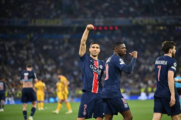 UEFA Champions League final match: Paris Saint-Germain v Inter Milan MUNICH, GERMANY - MAY 31: Achraf Hakimi, Dembele (C) and Khvicha Kvaratskhelia (7) of Paris Saint-Germain (PSG) celebrate after scoring a goal during the UEFA Champions League Final between Inter Milan and Paris Saint-Germain (PSG) at Munich Football Arena in Munich, Germany on May 31, 2025. Mustafa Yalcin Anadolu Munich Germany. Editorial use only. Please get in touch for any other usage.  Copyright: x2025xAnadoluxMustafaxYalcinx