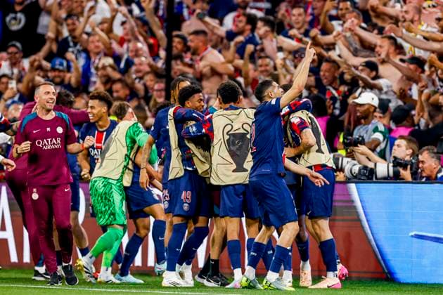 Khvicha Kvaratskhelia of Paris Saint-Germain celebrates with teammates after scoring his teams fourth goal Paris Saint-Germain v FC Internazionale Milano, UEFA Champions League Final 2025, Paris Saint-Germain and FC Internazionale Milano, Munich Football Arena, May 31, 2025, Munich, Germany.
