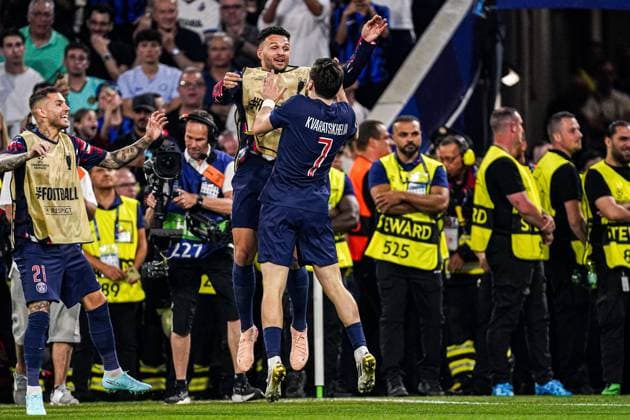 2025-05-31 Paris Saint-Germain v FC Internazionale Milano - UEFA Champions League Final 2025 MUNICH, GERMANY - MAY 31: Kvicha Kvaratskhelia of Paris Saint-Germain celebrates the fourth goal with his team during the UEFA Champions League Final 2025 match between Paris Saint-Germain and FC Internazionale Milano at Munich Football Arena on May 31, 2025 in Munich, Germany. Munich Munich Football Arena Germany Content not available for redistribution in The Netherlands directly or indirectly through any third parties. Copyright: xJorisxVerwijstx