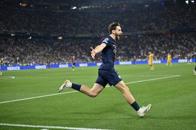 UEFA Champions League final match: Paris Saint-Germain v Inter Milan MUNICH, GERMANY - MAY 31: Khvicha Kvaratskhelia ( 7) of Paris Saint-Germain (PSG) celebrates after scoring a goal during the UEFA Champions League Final between Inter Milan and Paris Saint-Germain at Munich Football Arena in Munich, Germany on May 31, 2025. Mustafa Yalcin Anadolu Munich Germany. Editorial use only. Please get in touch for any other usage.  Copyright: x2025xAnadoluxMustafaxYalcinx