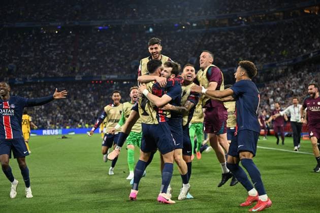 UEFA Champions League final match: Paris Saint-Germain v Inter Milan MUNICH, GERMANY - MAY 31: Khvicha Kvaratskhelia ( 7) of Paris Saint-Germain (PSG) celebrates after scoring a goal during the UEFA Champions League Final between Inter Milan and Paris Saint-Germain at Munich Football Arena in Munich, Germany on May 31, 2025. Mustafa Yalcin Anadolu Munich Germany. Editorial use only. Please get in touch for any other usage.  Copyright: x2025xAnadoluxMustafaxYalcinx
