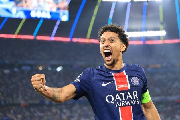 31st May 2025; Allianz Arena, Munich, Germany; Champions League Final Football, Paris Saint Germain versus Inter Milan; Marquinhos (C) PSG reacts with team mates after their 2nd goal from Doue in the 20th minute  ActionPlus12796843 PierrexTeyssot