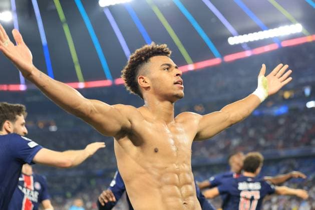 31st May 2025; Allianz Arena, Munich, Germany; Champions League Final Football, Paris Saint Germain versus Inter Milan; Desire Doue (PSG) celebrates scoring the goal for 2-0 in the 20th minute  ActionPlus12796844 PierrexTeyssot