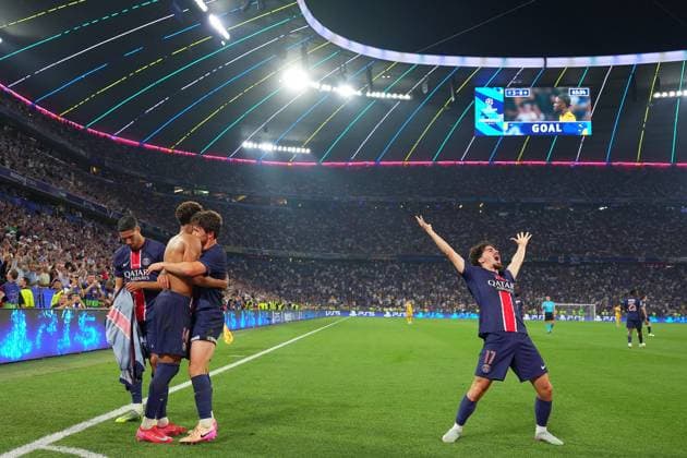 PSG s Desire Doue.celebrates after scoring 0-3 during the Uefa Champions League Final soccer match between Paris Saint Germain and FC Inter at Allianz Arena in Munich , Germany - Saturday May 31, 2025 . - Soccer  Copyright: xSpada LaPressex