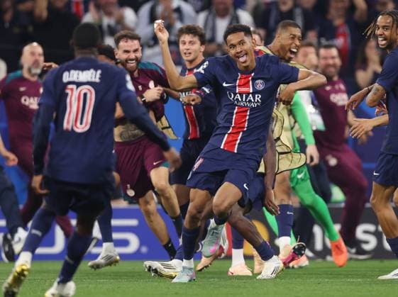 Munich, Germany, 31st May 2025. Senny Mayulu of Paris St Germain celebrates scoring their fifth goal during the Paris Saint Germain vs Internazionale UEFA Champions League Final match at Munich Football Arena, Munich. Picture credit should read: David Klein Sportimage EDITORIAL USE ONLY. No use with unauthorised audio, video, data, fixture lists, club league logos or live services. Online in-match use limited to 120 images, no video emulation. No use in betting, games or single club league player publications. SPI_097_DK_UCL_Final SPI-3964-0098