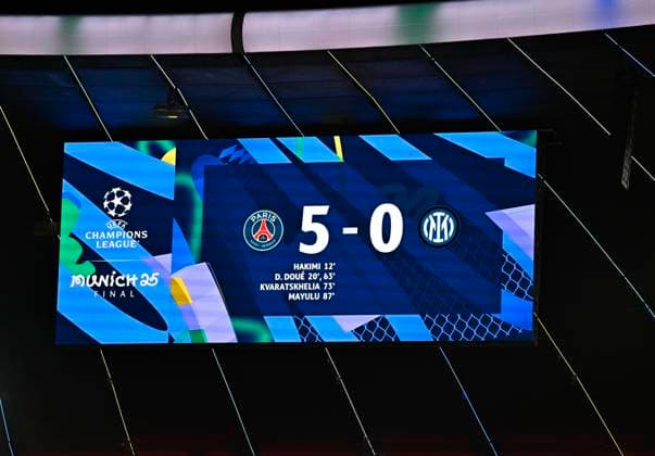 31 05 2025, Football UEFA Champions League Final 2025 Paris St Germain Inter Milan, at Allianz Arena Munich 5 0 the final score DFL and DFB regulations prohibit any use of photographs as image sequences and or quasi video