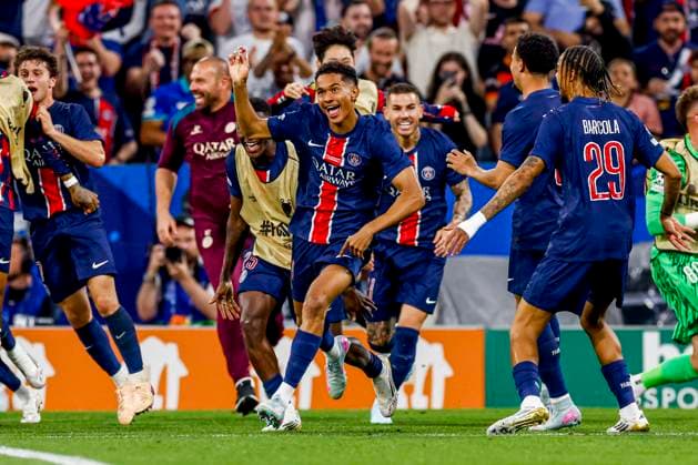 Senny Mayulu of Paris Saint-Germain celebrates with teammates after scoring his teams fifth goal Paris Saint-Germain v FC Internazionale Milano, UEFA Champions League Final 2025, Paris Saint-Germain and FC Internazionale Milano, Munich Football Arena, May 31, 2025, Munich, Germany.