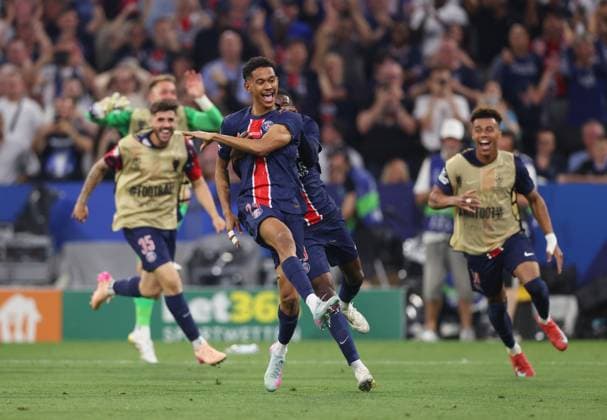Munich, Germany, 31st May 2025. Senny Mayulu of Paris St Germain celebrates scoring their fifth goal during the Paris Saint Germain vs Internazionale UEFA Champions League Final match at Munich Football Arena, Munich. Picture credit should read: David Klein Sportimage EDITORIAL USE ONLY. No use with unauthorised audio, video, data, fixture lists, club league logos or live services. Online in-match use limited to 120 images, no video emulation. No use in betting, games or single club league player publications. SPI_101_DK_UCL_Final SPI-3964-0102