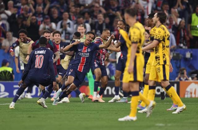 Munich, Germany, 31st May 2025. Senny Mayulu of Paris St Germain celebrates scoring their fifth goal during the Paris Saint Germain vs Internazionale UEFA Champions League Final match at Munich Football Arena, Munich. Picture credit should read: David Klein Sportimage EDITORIAL USE ONLY. No use with unauthorised audio, video, data, fixture lists, club league logos or live services. Online in-match use limited to 120 images, no video emulation. No use in betting, games or single club league player publications. SPI_102_DK_UCL_Final SPI-3964-0103