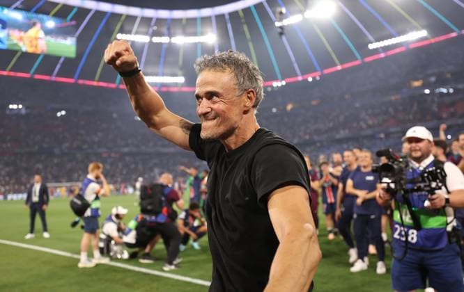 Munich, Germany, 31st May 2025. Luis Enrique coach of Paris St Germain celebrates winning the Champions League during the Paris Saint Germain vs Internazionale UEFA Champions League Final match at Munich Football Arena, Munich. Picture credit should read: David Klein Sportimage EDITORIAL USE ONLY. No use with unauthorised audio, video, data, fixture lists, club league logos or live services. Online in-match use limited to 120 images, no video emulation. No use in betting, games or single club league player publications. SPI_103_DK_UCL_Final SPI-3964-0104