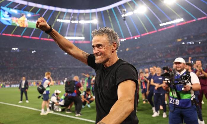 Munich, Germany, 31st May 2025. Luis Enrique coach of Paris St Germain celebrates winning the Champions League during the Paris Saint Germain vs Internazionale UEFA Champions League Final match at Munich Football Arena, Munich. Picture credit should read: David Klein Sportimage EDITORIAL USE ONLY. No use with unauthorised audio, video, data, fixture lists, club league logos or live services. Online in-match use limited to 120 images, no video emulation. No use in betting, games or single club league player publications. SPI_104_DK_UCL_Final SPI-3964-0105