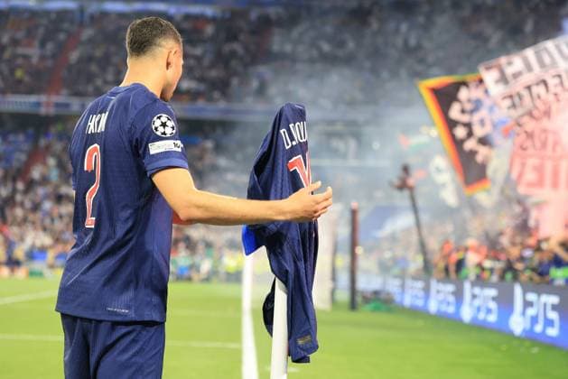 Munich 25 - UEFA Champions League final Pierre Teyssot MAXPPP ; Munich 25 - UEFA Champions League final . Munich, Germany on May 31, 2025. UEFA Champions League final football match Paris Saint-Germain PSG against Inter Milan on May 31, 2025. 2 Achraf Hakimi (PSG) and 14 Desire Doue (PSG) jersey Pierre Teyssot Maxppp Munich Bavaria Germany  Copyright: xMAXPPPxPierrexTeyssotx TEP62838 TEP62838