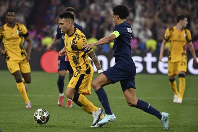 Paris Saint-Germain v Inter Milan UEFA Champions League final match MUNICH, GERMANY, MAY 31: Lautaro Martinez (L), of Inter Milan, is challenged by Marquinhos (R), of Paris Saint-Germain, during the UEFA Champions League football final match between Paris Saint-Germain and Inter Milan at the Munich Football Arena in Munich, Germany, on May 31, 2025. Isabella Bonotto Anadolu Munich Germany. Editorial use only. Please get in touch for any other usage.  Copyright: x2025xAnadoluxIsabellaxBonottox